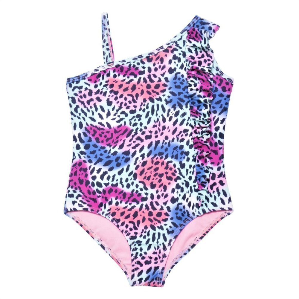 NWT KENSIE GIRL Cheetah Madness Ruffle UPF 50 One-Piece Beach Pool Swimsuit